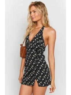 V Neck Halter Floral Slit Hem Short Dress