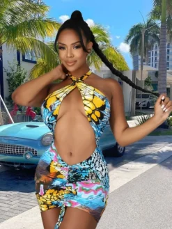 Sexy Halter Hollowed Out Drawstring Women's Sleeveless Dress