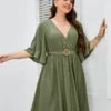 Plus Size Pure Color Ruffled Sleeve V Neck Dress