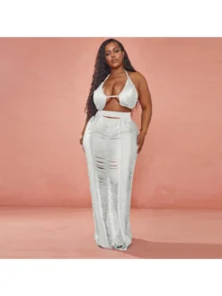 Pure Color Top And Hollowed Out Long Skirt Suits