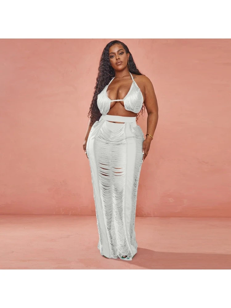 Pure Color Top And Hollowed Out Long Skirt Suits