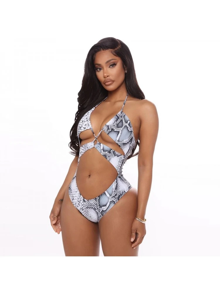 Snake Print Hollowed Out Halter One-Piece Swimsuit