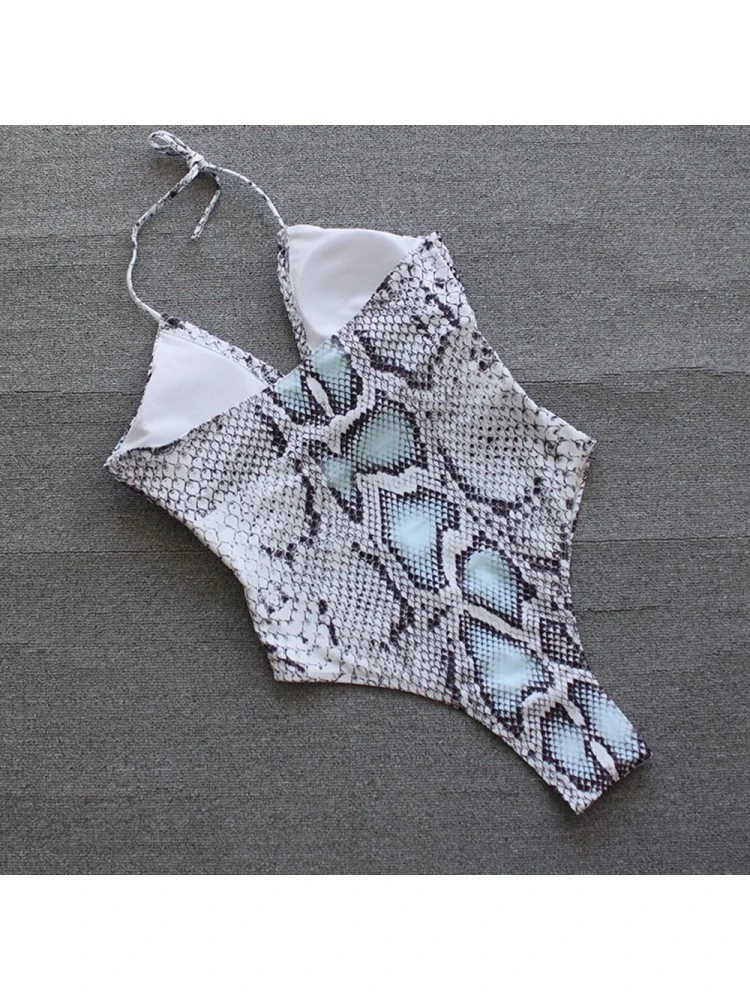 Snake Print Hollowed Out Halter One-Piece Swimsuit - Image 4