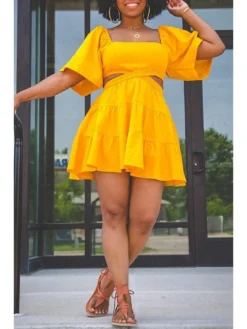 Summer Pure Color Square Collar Ruched Women's Dress