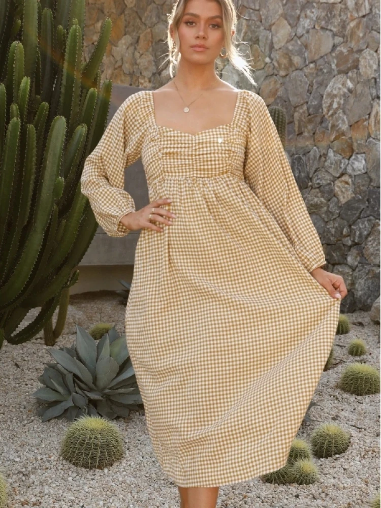 Retro Plaid Square Neck Puff Sleeve Dress - Image 2