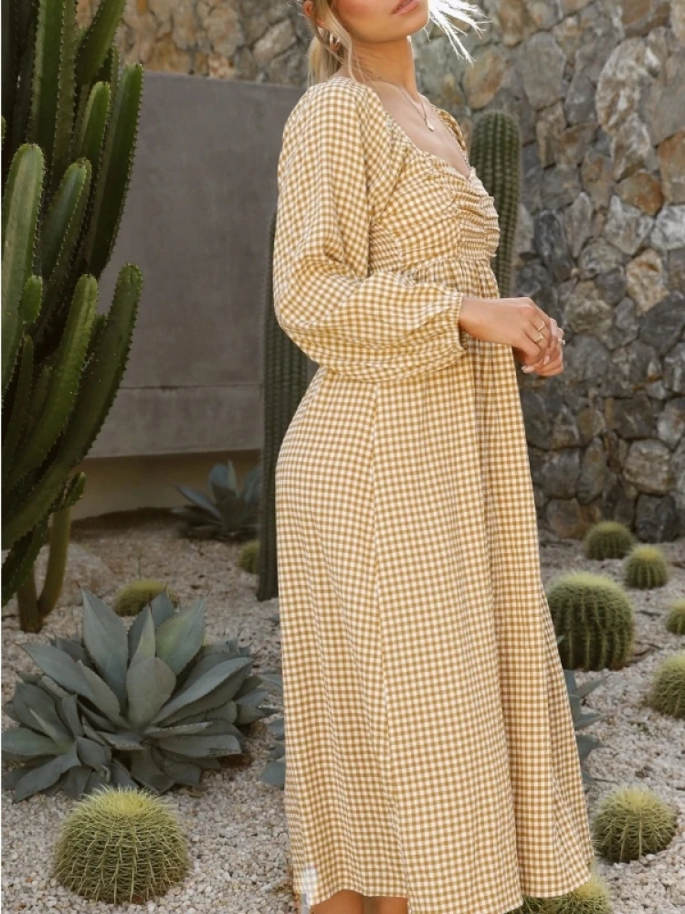 Retro Plaid Square Neck Puff Sleeve Dress - Image 3