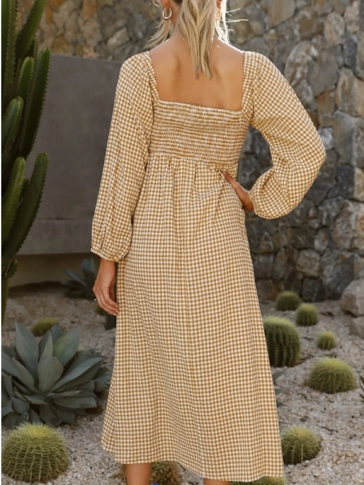 Retro Plaid Square Neck Puff Sleeve Dress - Image 4