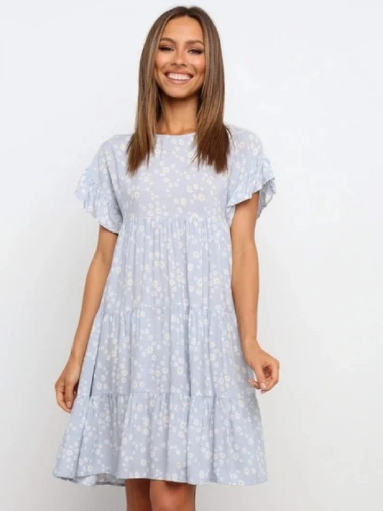 Summer Sweet Crew Neck Floral Short Sleeve Dress