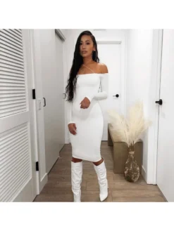 Sexy Pure Color Cold Shoulder Backless Long Sleeve Dress