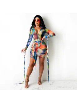 Half Zipper Colorful Long Sleeve Short Dress