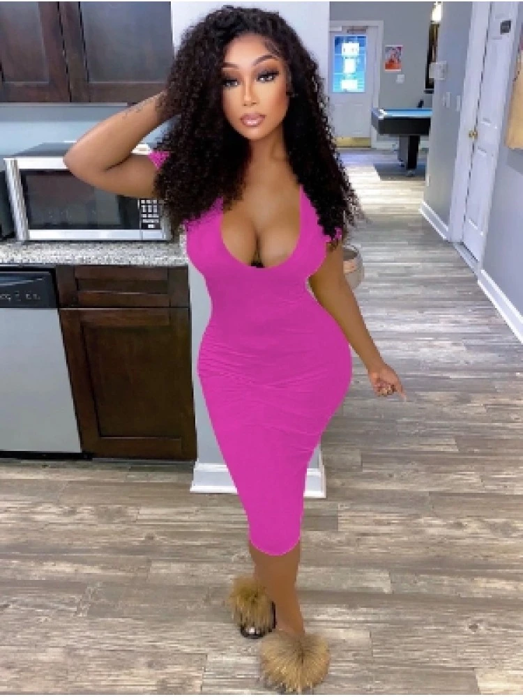 Sexy Solid Deep V Short Sleeve Midi Dress