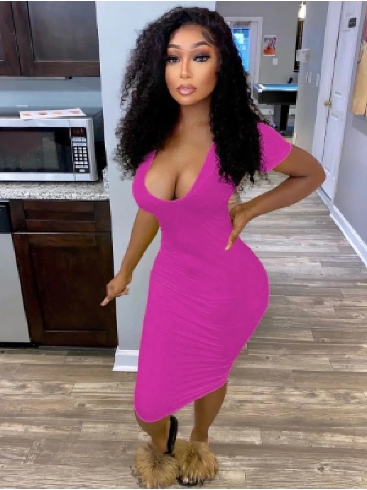 Sexy Solid Deep V Short Sleeve Midi Dress - Image 2