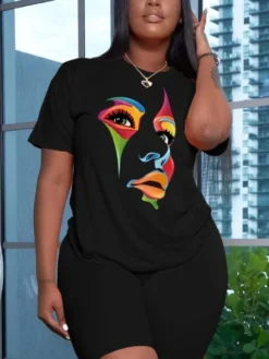 Short Sleeve Printing Top And Shorts Women's Suits