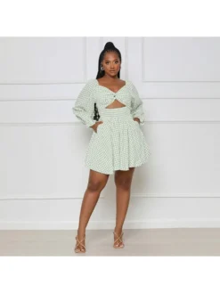 Fresh Lantern Sleeve Plaid Hollow Out Short Dress