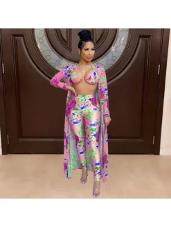 Printed Cropped Top And Trouser Long Coat 3 Piece Sets