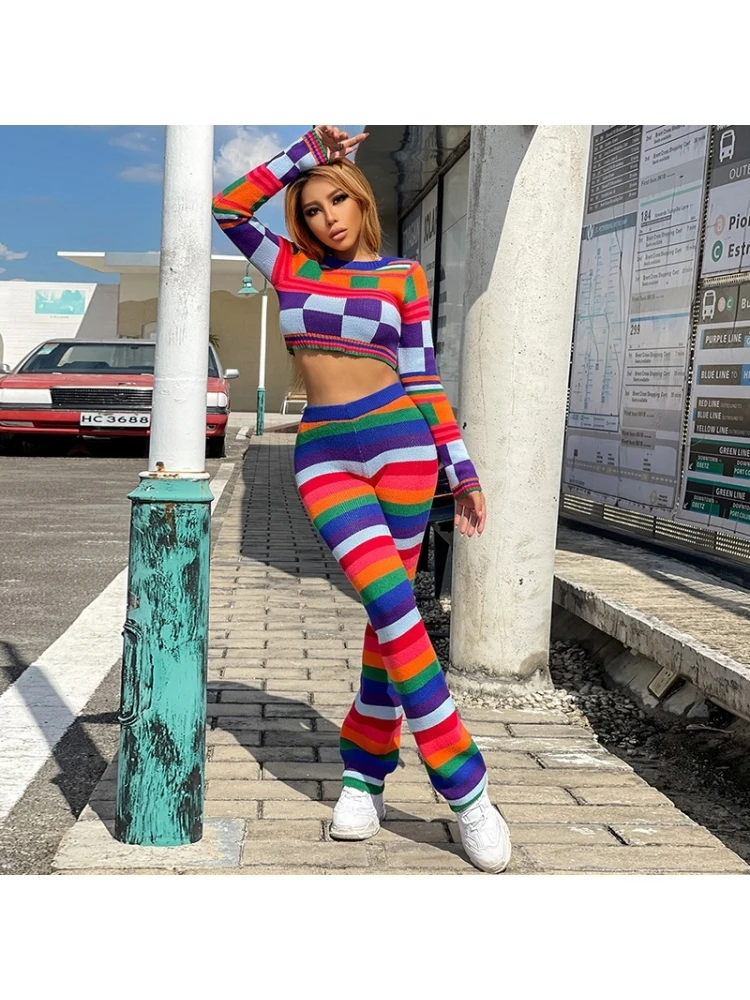 Striped Matching Long Sleeve Matching 2 Piece Trouser Sets