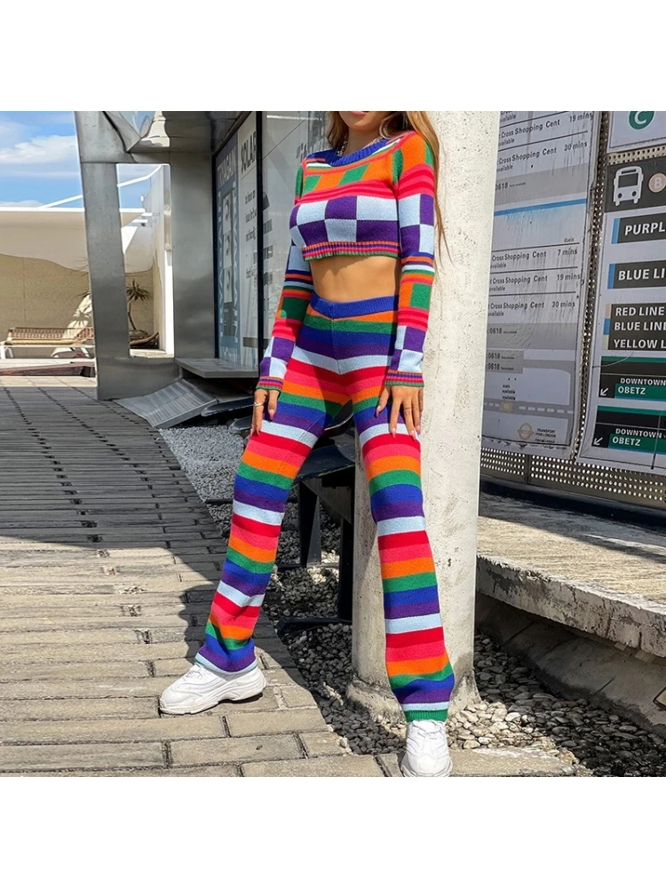 Striped Matching Long Sleeve Matching 2 Piece Trouser Sets - Image 2