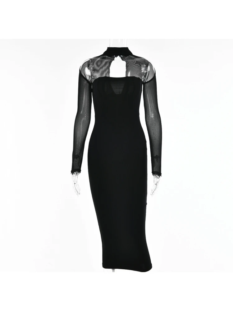 Pure Color See-through Women's Long Sleeve Dress - Image 6