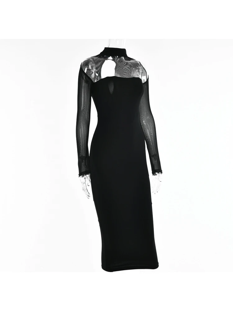 Pure Color See-through Women's Long Sleeve Dress - Image 7