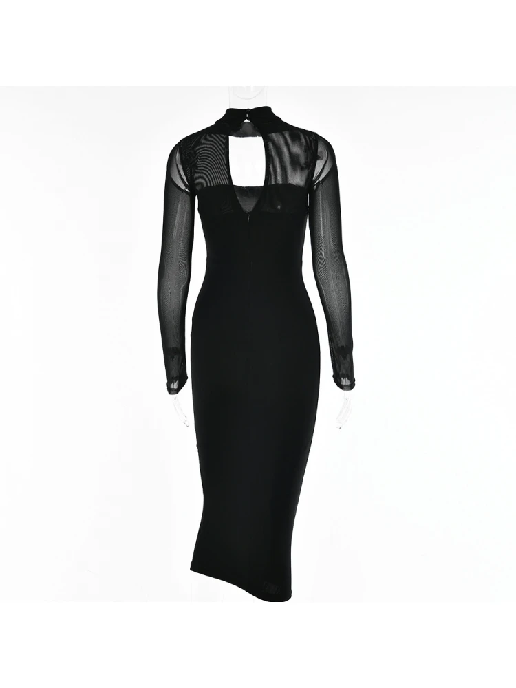 Pure Color See-through Women's Long Sleeve Dress - Image 8