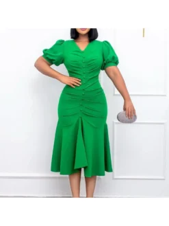 Casual Solid V Neck Puff Sleeve Dresses