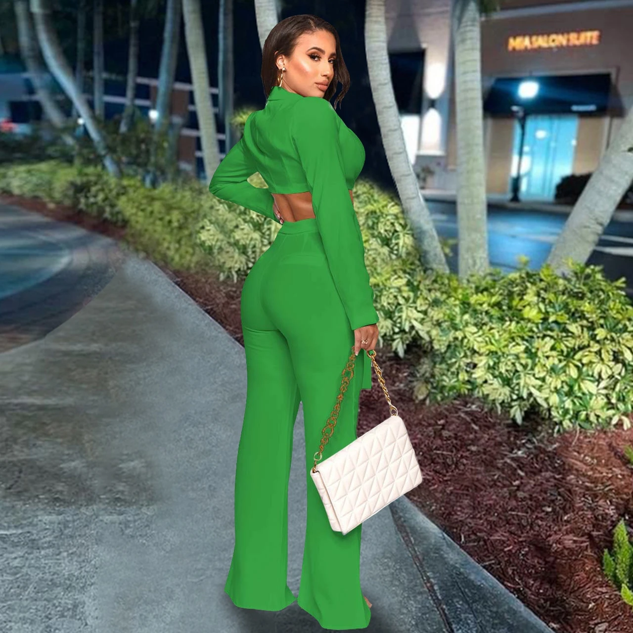 Slit Wide Leg Trouser And Cropped Top Sets - Image 2