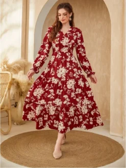 Printed V Neck Puff Sleeve Vacation Dress