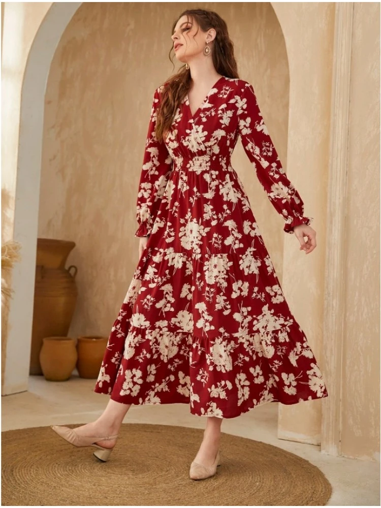 Printed V Neck Puff Sleeve Vacation Dress - Image 2