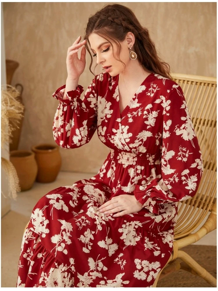 Printed V Neck Puff Sleeve Vacation Dress - Image 3