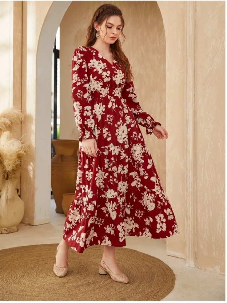 Printed V Neck Puff Sleeve Vacation Dress - Image 4