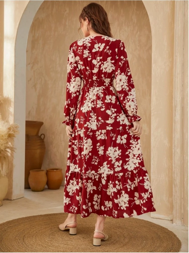 Printed V Neck Puff Sleeve Vacation Dress - Image 5
