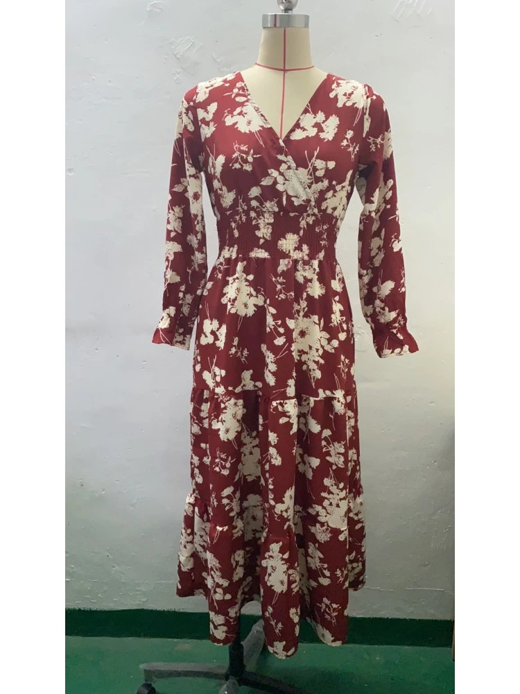 Printed V Neck Puff Sleeve Vacation Dress - Image 6