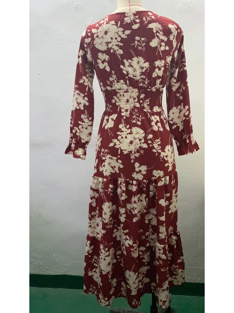 Printed V Neck Puff Sleeve Vacation Dress - Image 7