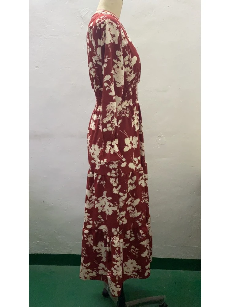 Printed V Neck Puff Sleeve Vacation Dress - Image 8