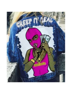 Graphic Black Denim Fall Jacket Coats For Women