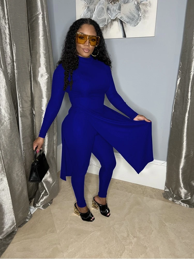 Slit Mock Neck Matching 2 Piece Pant Sets