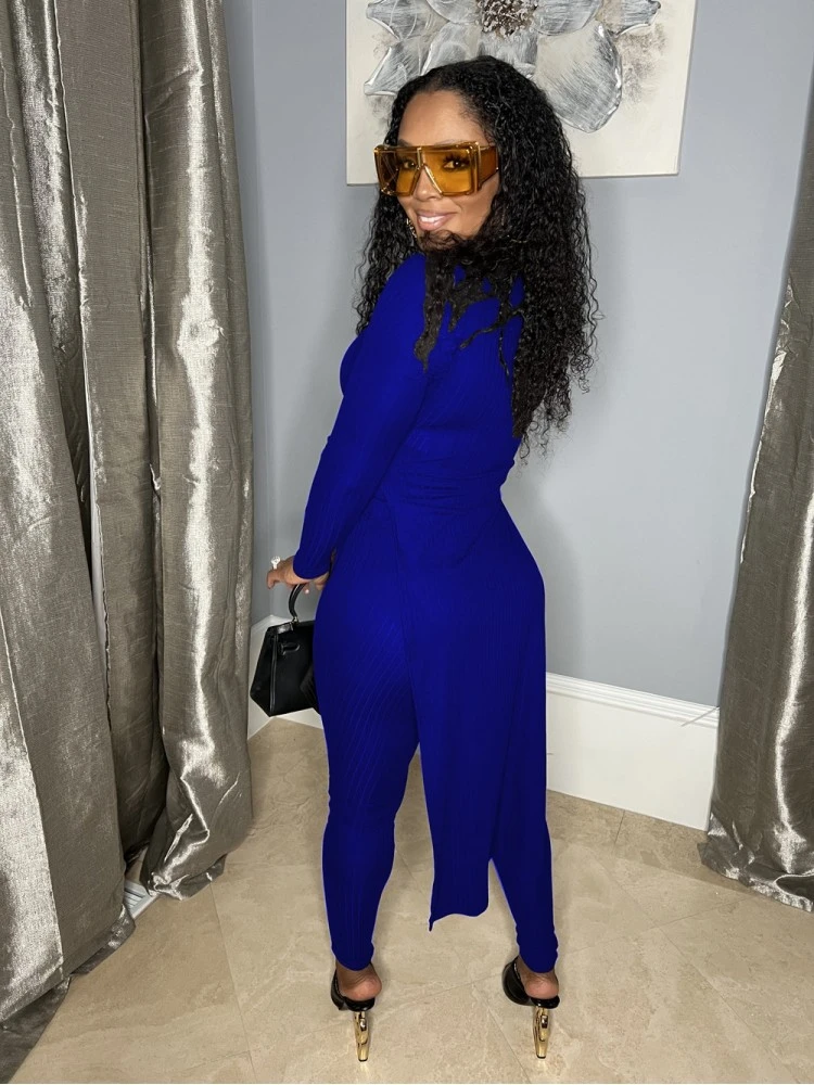 Slit Mock Neck Matching 2 Piece Pant Sets - Image 2