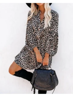 Vacation Leopard Ruffles Floral Lantern Sleeve Short Dress