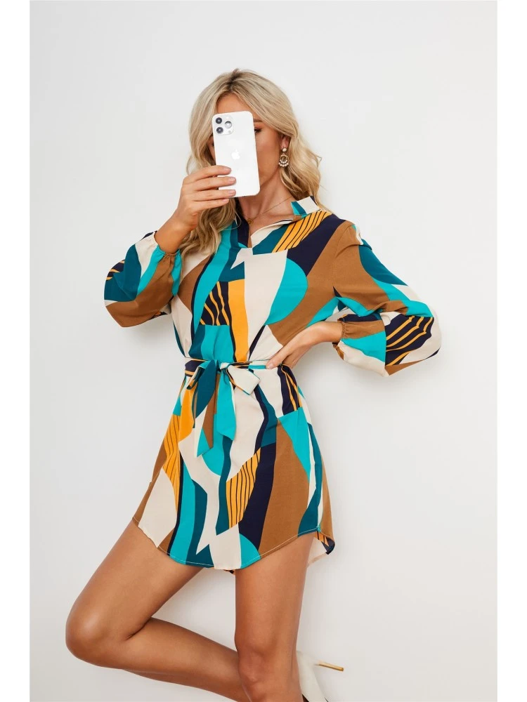 Women Puff Sleeve Colorful Short Dress - Image 2