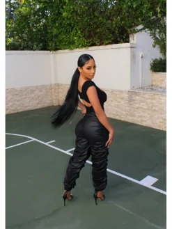 PU Ruched Pure Color Strap Leather Pants