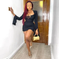 Backless Black Long Sleeve Mini Dresses