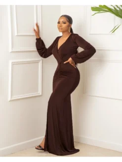 Casual V Neck Long Sleeve Maxi Dresses