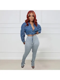 Fashion Women's Long Sleeve Houndstooth Denim Jacket