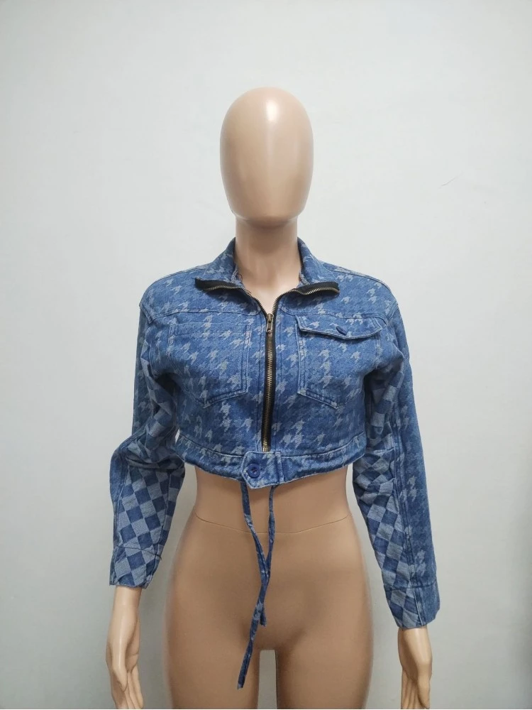 Fashion Women's Long Sleeve Houndstooth Denim Jacket - Image 6