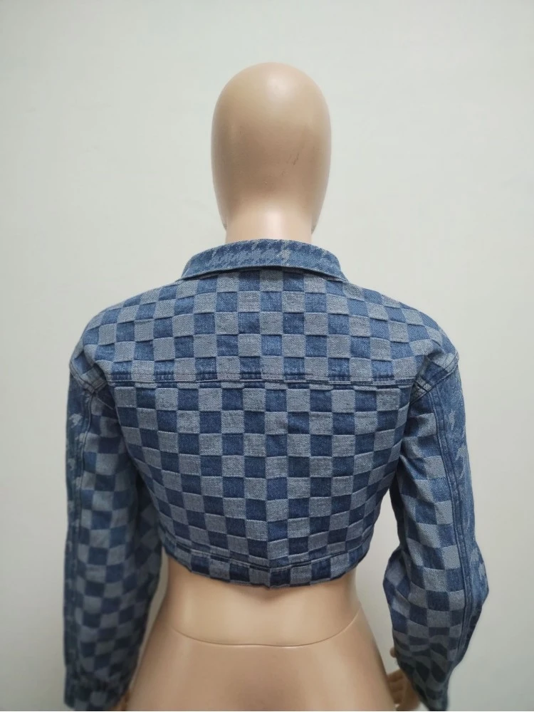 Fashion Women's Long Sleeve Houndstooth Denim Jacket - Image 8