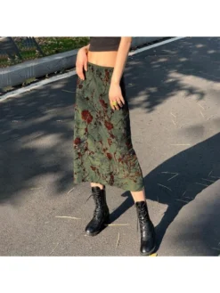 Vintage Green Flowers Loose Midi Skirts For Ladies
