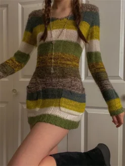 V Neck Contrast Color Sweater Dress