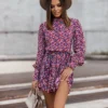 Vacation Floral Lantern Sleeve Women's Short Dress