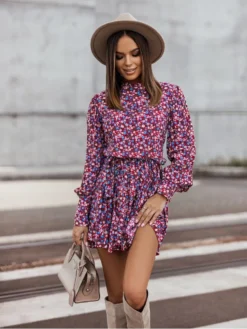Vacation Floral Lantern Sleeve Women's Short Dress