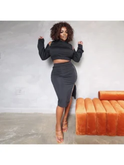 Pure Color Hooded Zipper Women's Skirt Set